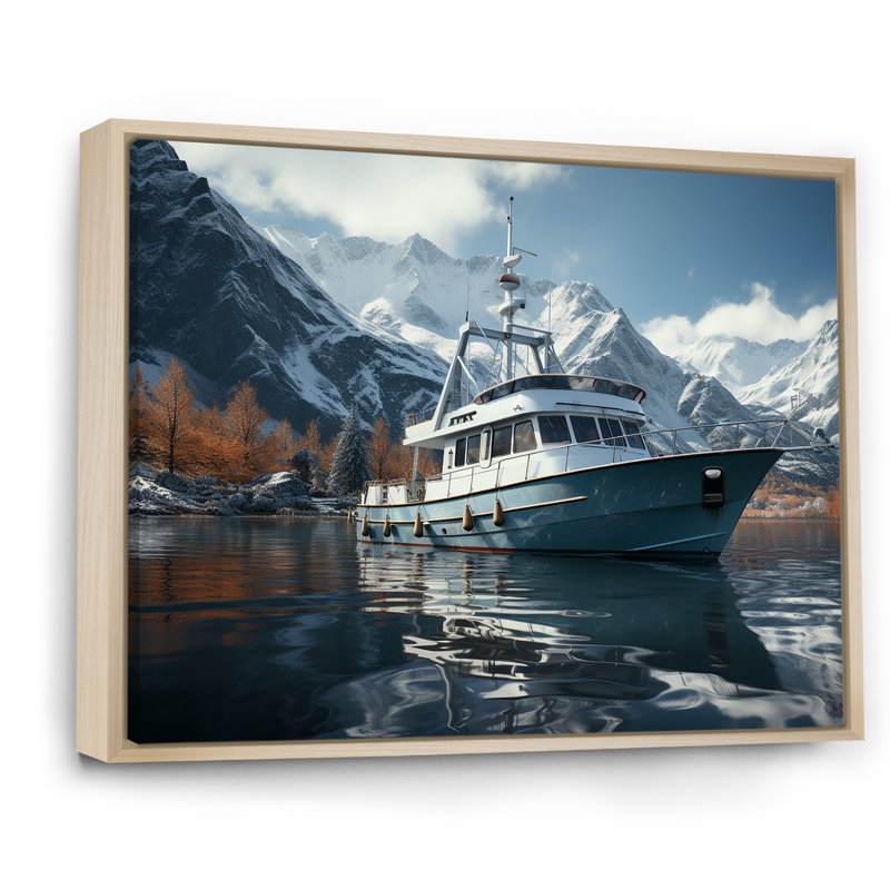 Bateau de pêche rouge et blanc dans la rivière I - bateau de pêche, art mural, Cadre flottant brun