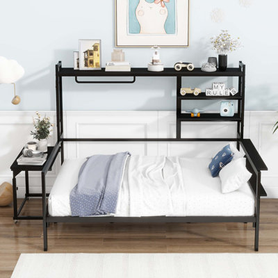 Lit de jour en métal avec bureau mobile, grille en métal, tablettes et cintre