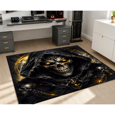 Tapis Gothic Reaper Skull, motif de fantaisie d'horreur foncé, artistique audacieux, lavable à la machine, envers antidérapant, tapis d'intérieur Moody pour salon, chambre à coucher, caverne d'homme, appartement