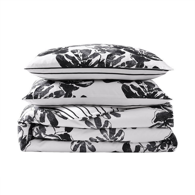 Black and White Floral Microfiber Full/Queen Duvet Cover Set