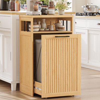 13 Gal Pull Out Trash Cabinet – Fluted Design with Open Storage Shelf