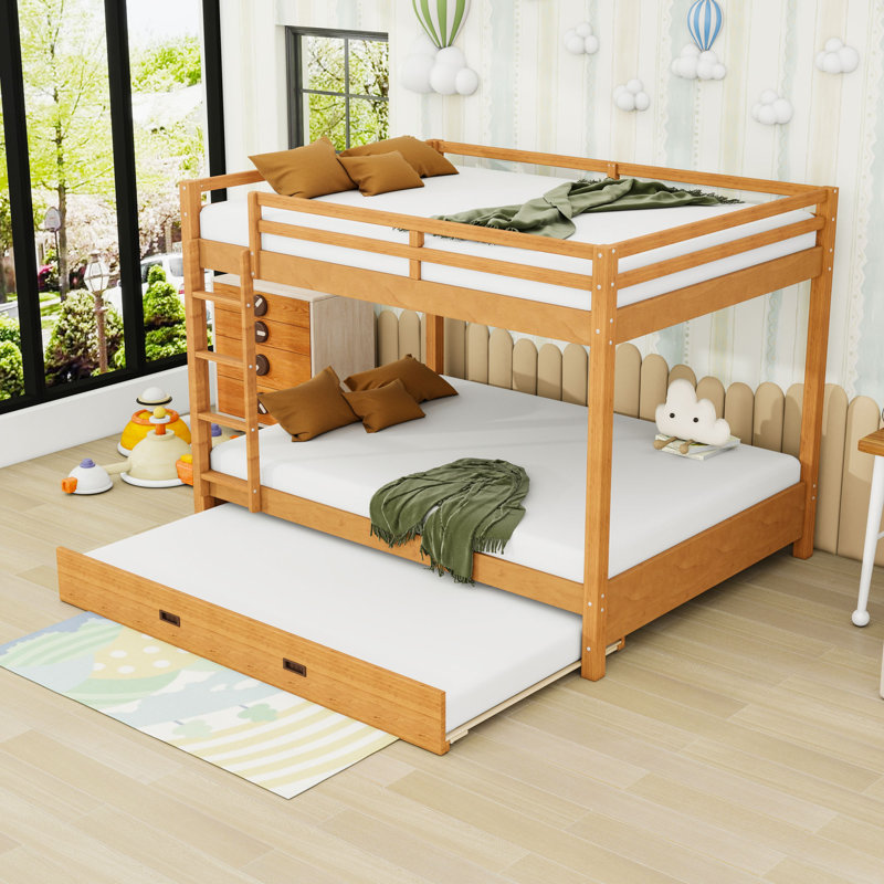 Grand lit superposé en bois avec échelle et lit gigogne simple TG, Bois