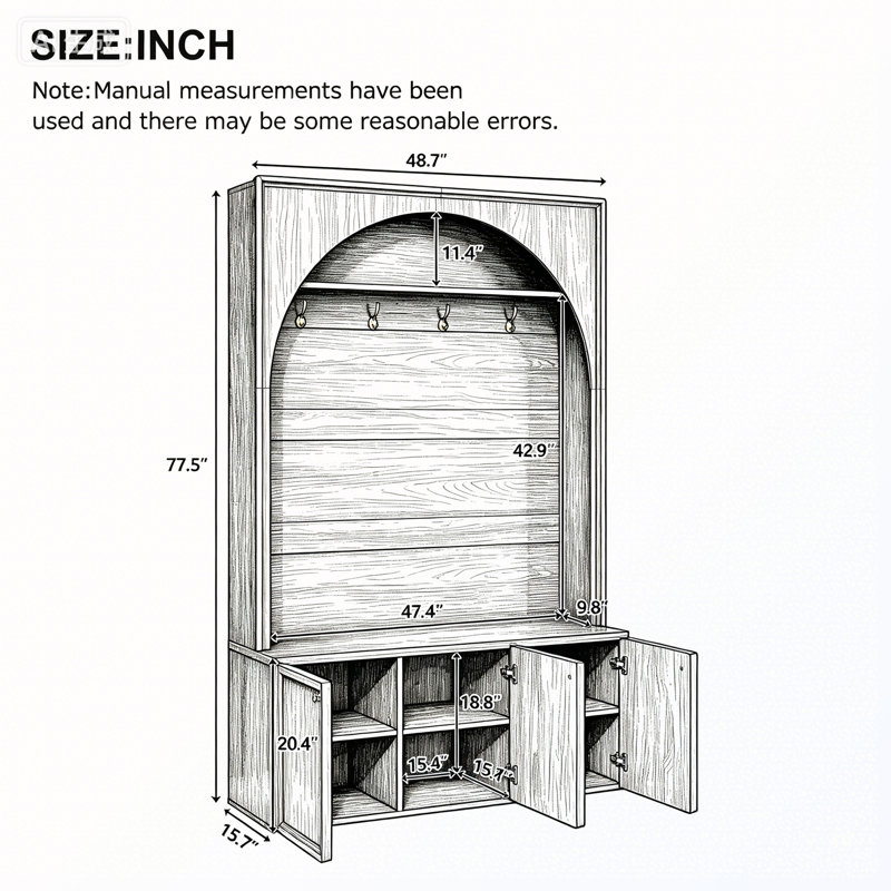 Arched Hall Tree with Adjustable Shelves and 3 Cabinets and 4 Golden Hooks, Walnut