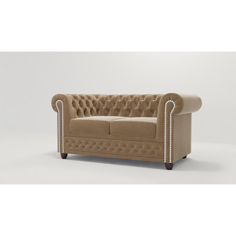 Chesterfield Hanna 2 Seater Sofa with Sleeping Function Made of Velvet Fabric with Solid Wood Legs
