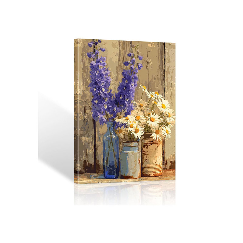 Daisy Delphinium Rustic Floral Canvas Print Wall Art, Farmhouse Wildflower Pots Vase Bouquet Wall Decor For Kitchen Living Room Bedroom Bathroom Ready To Hung