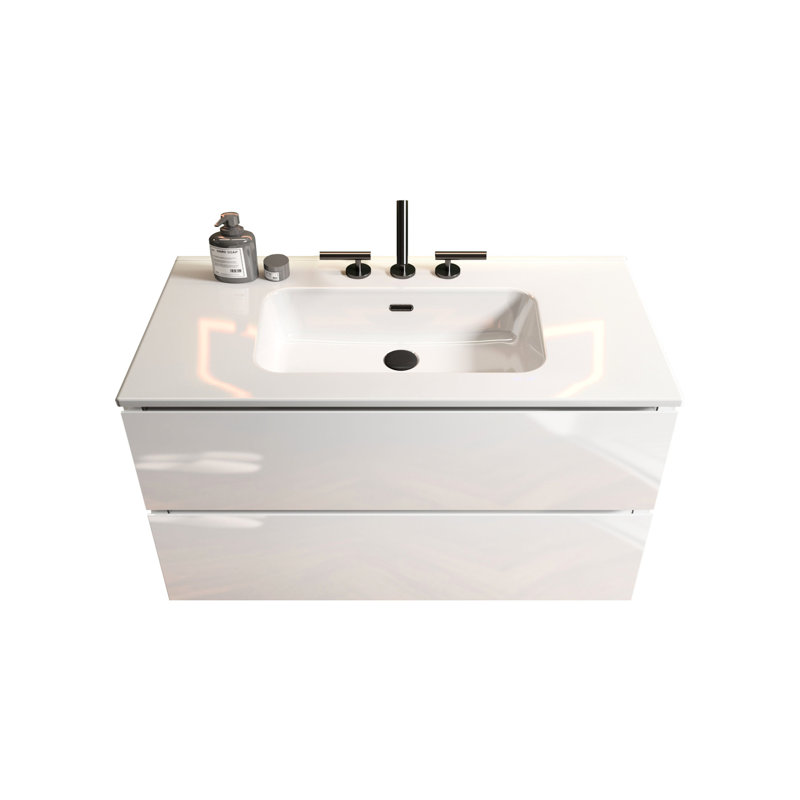 Meuble-lavabo moderne blanc brillant de 36 po - lavabo en céramique et 3 trous de robinet, rangement abondant, tiroirs silencieux pour une idée de décoration avec tiroirs spacieux, look