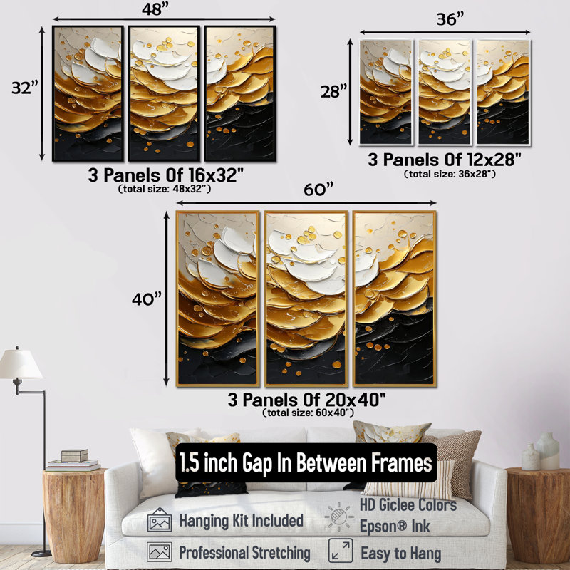 Golden Passage To Transitional Art I - Art mural encadré transitionnel - ensemble de 3, H 32 po x l 48 po, Brun