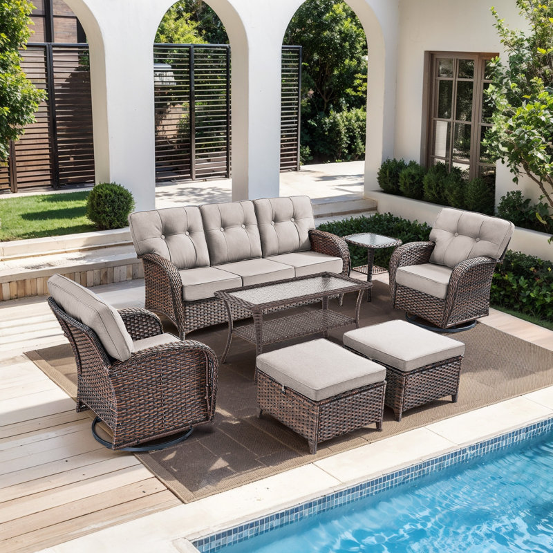 Fiorillo 7-Piece Outdoor Wicker Patio Conversation Set With Cushions/2 Swivel Chairs And Coffee Table, Beige