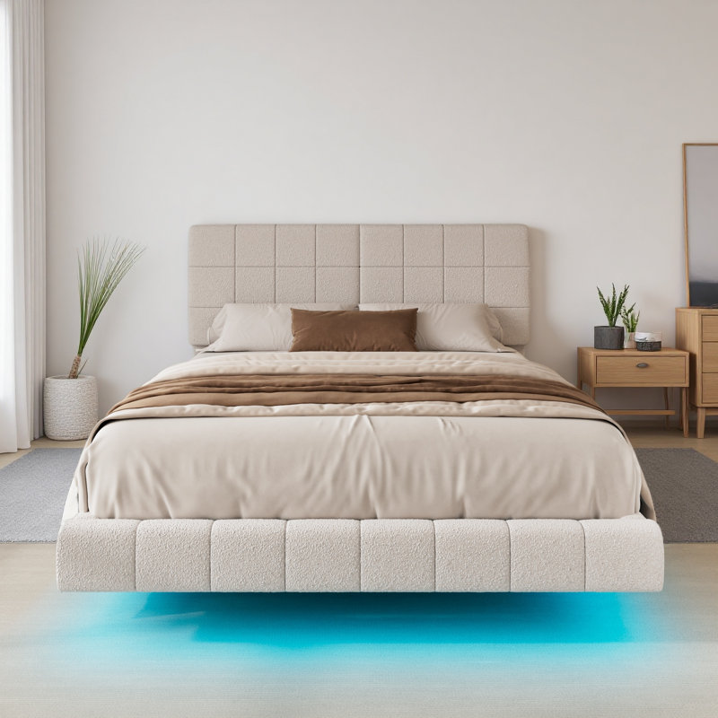 Boucle Floating Bed With Light, Queen