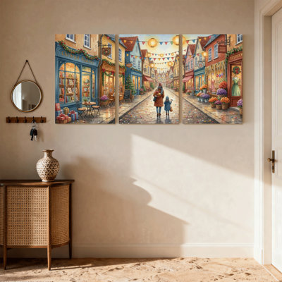 Ensemble de 3 impressions sur toile, "Scène de ville charmante avec des magasins et des gens"