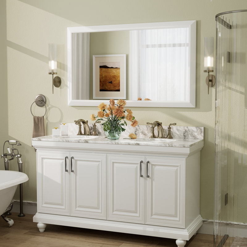 Amara Tempered Glass and Aluminum Alloy Framed Wall Mirror, Matte White, 50" x 30"