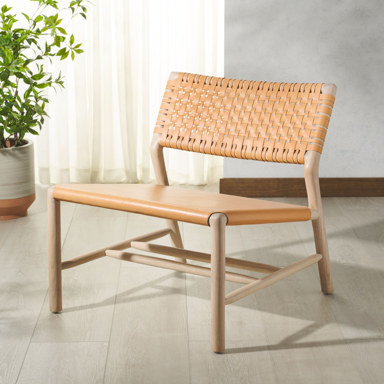 Genuine Leather Accent Chair, Natural, Tan Leather