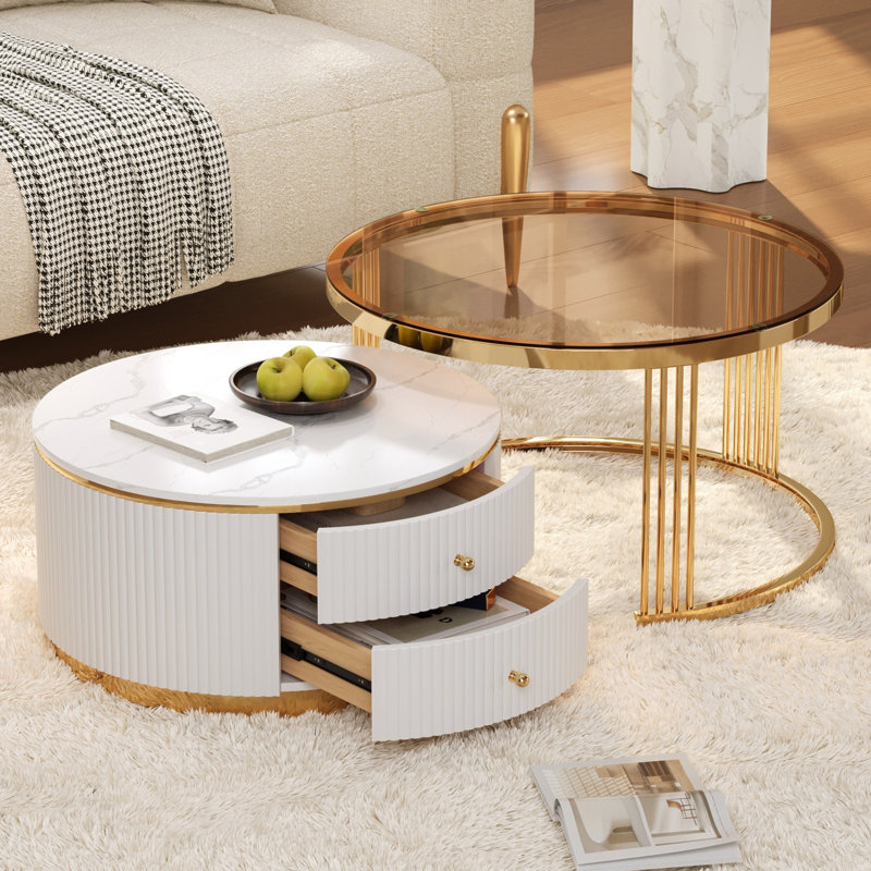 Table basse gigogne moderne 2 pièces avec tiroirs et plateau en verre trempé brun moderne 27,6