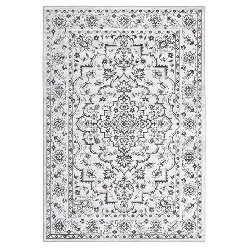 Washable Area Rug, Vintage Floral Medallion Low Pile Non Slip Foldable Indoor Carpet, Pearl Velvet, Dark Grey, 2'x6', Black