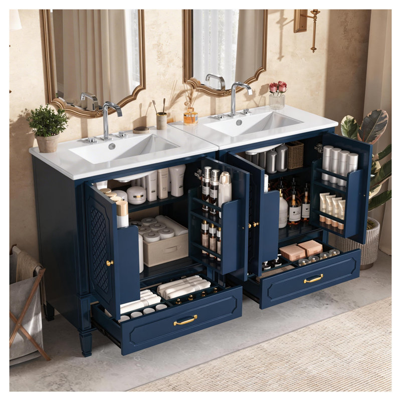 Ensemble de meuble-lavabo double 60 po avec deux armoires et comptoirs en céramique, bleu