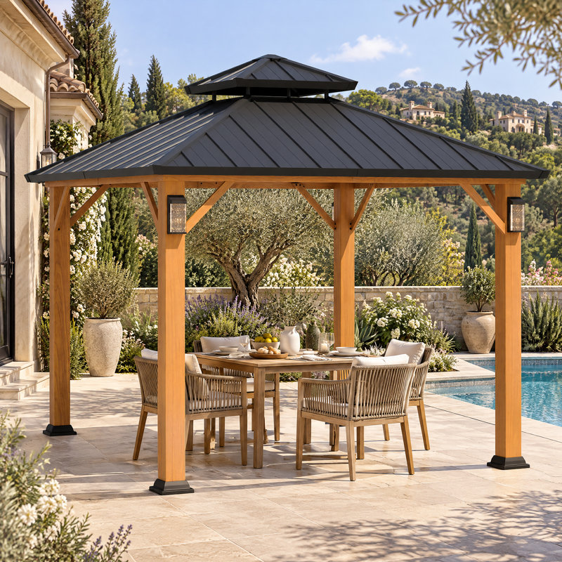 Pavillon de jardin extérieur à toit rigide double 10 pi x 10 pi Rowan avec lumières DEL auto-alimentées solaires par poteau, toit Pavillian