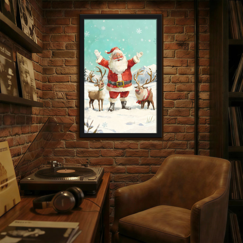 Noël père Noël avec renne dans un paysage enneigé, H 30 po x l 20 po
