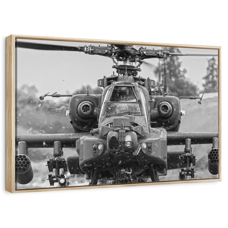 Apache Fighter Helicopter, Floating Frame Natural Wood, 46" X 31"