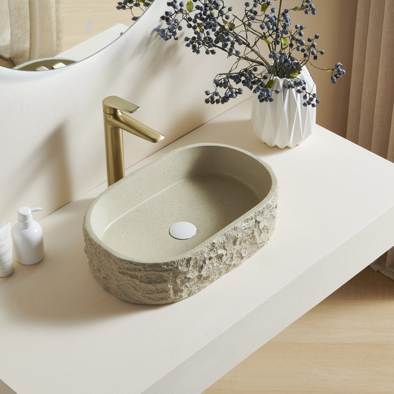 Lavabo de salle de bain ALIA 20', lavabo ovale irrégulière en résine, style artistique, sans robinetterie, couleur beige