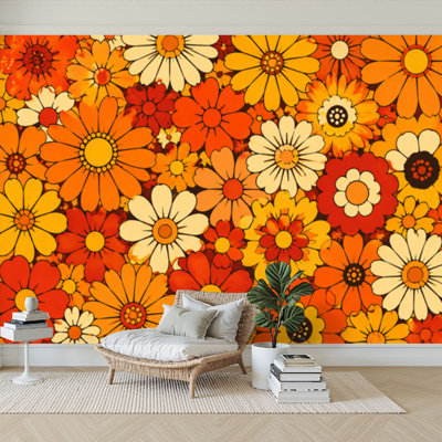 Wall Mural Peel and Stick Wallpaper Boho Floral vintage seamless Hippie flower power retro textile print Self-Adhesive Removable Contact Paper Wall Decor for Living Room Bedroom 100"H x 144"W
