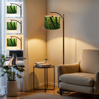  Lampe sur pied Arc en bambou vert moderne avec abat-jour réglable en lin 3 températures