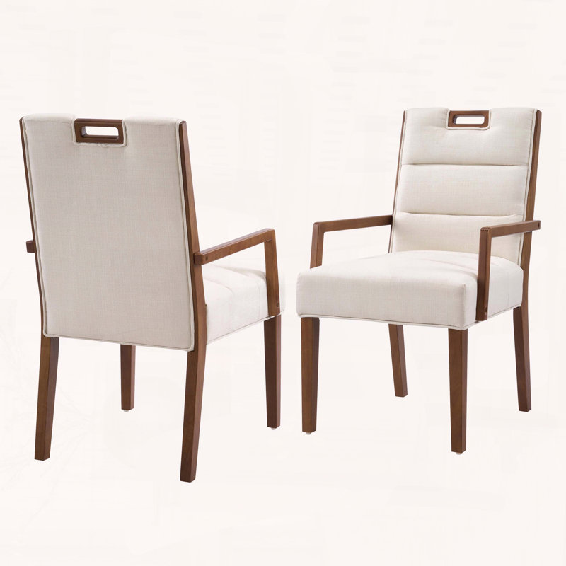 Chaise de salle à manger rembourrée avec accoudoirs, tissu beige et structure en bois d'hévéa noyer, ensemble de 2, Noyer