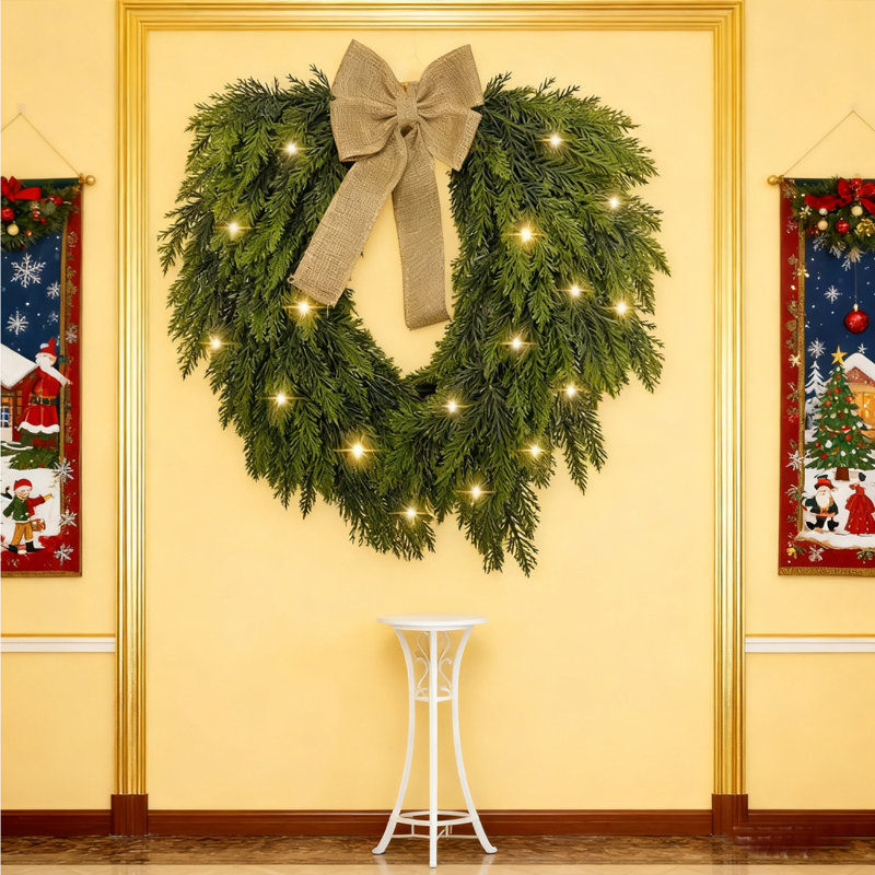 Couronne lumineuse de Noël 50 cm pin et cyprès, couronne verte avec guirlandes lumineuses, 2 piles AAA non incluses