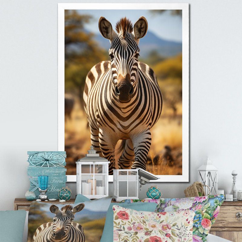 Reproduction sur toile, "Zèbre marchant en Afrique II", H 32 po x l 24 po x P 1 po, Cadre simple blanc
