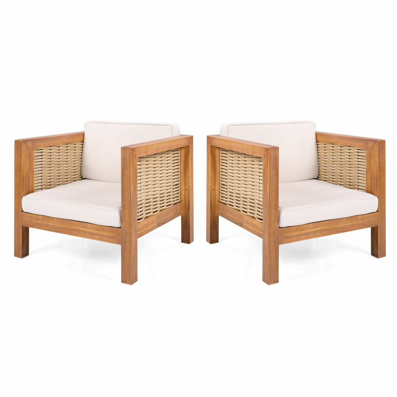 Ensemble de 2 fauteuils club d'extérieur, structure en bois d'acacia avec accoudoirs en osier et coussins beiges, capacité de 400 lb