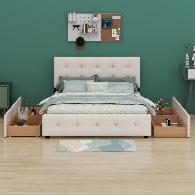 Lit plateforme tapissier avec tête de lit classique et 4 tiroirs, Beige