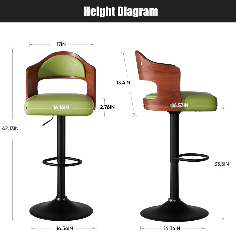 Modern Green Microsuede Upholstered Metal Frame Swivel and Height Adjustable Bar Stools Set of 2, Green