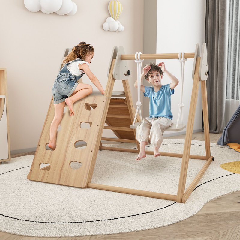 Triangle Climbing Frame, Wooden Climber with Swing, Grey