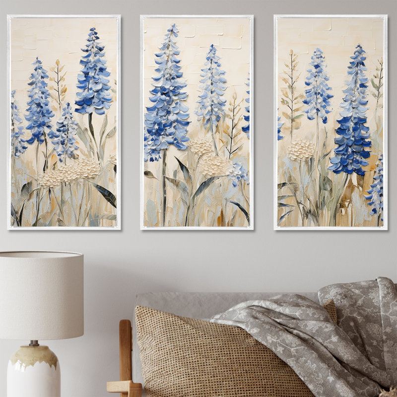 Magical Blue Bonnets Grass Meadows II - ensemble d'art mural Bonnets bleus, Cadre flottant blanc, H 32 po x l 48 po x P 1 po