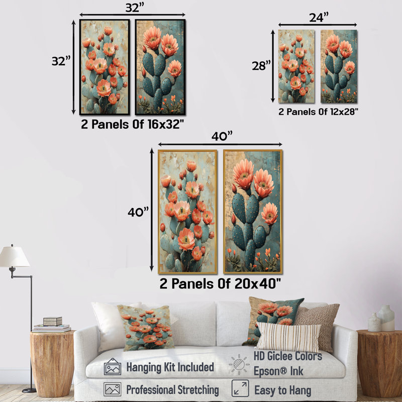Cactus rose et vert Ruby Blooms I - ensemble de 2 cactus floraux, Ne s’applique pas, Toile tendue sur cadre