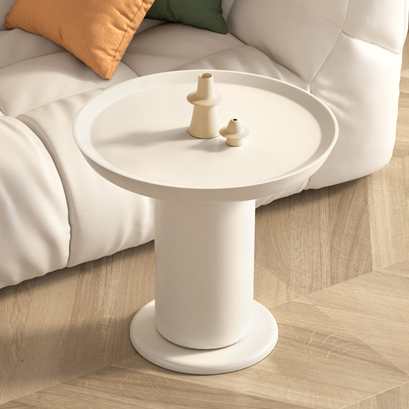 45cm Cream White Round Side Table with Pedestal Base, Minimalist Accent End Table for Living Room