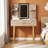 30" Fluted Vanity – 3-Color LED Mirror, Carved Details, 4 Drawers + Jewelry Hooks & Padded Rollers, Metal Legs, PU Stool, Vintage Yellow-Brown Finish