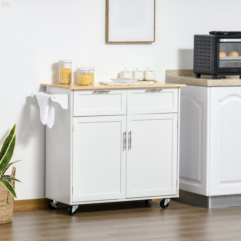 41" Modern Rolling Kitchen Island on Wheels, Utility Cart Storage Trolley with Rubberwood Top & Drawers, White, White