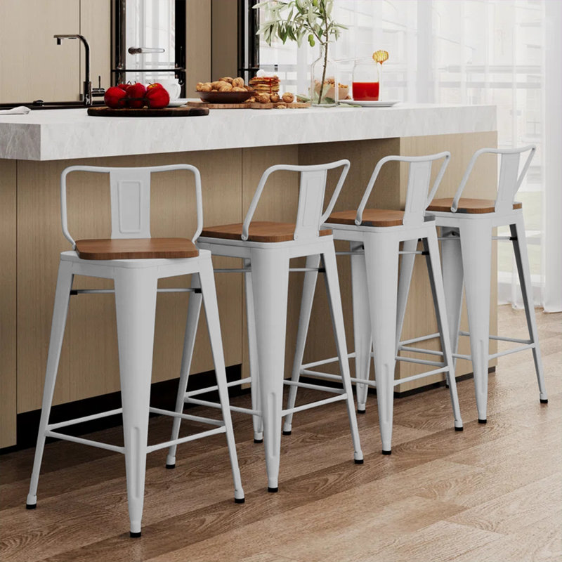 Off-White Metal Swivel Counter Stools with Wooden Seats, Set of 4