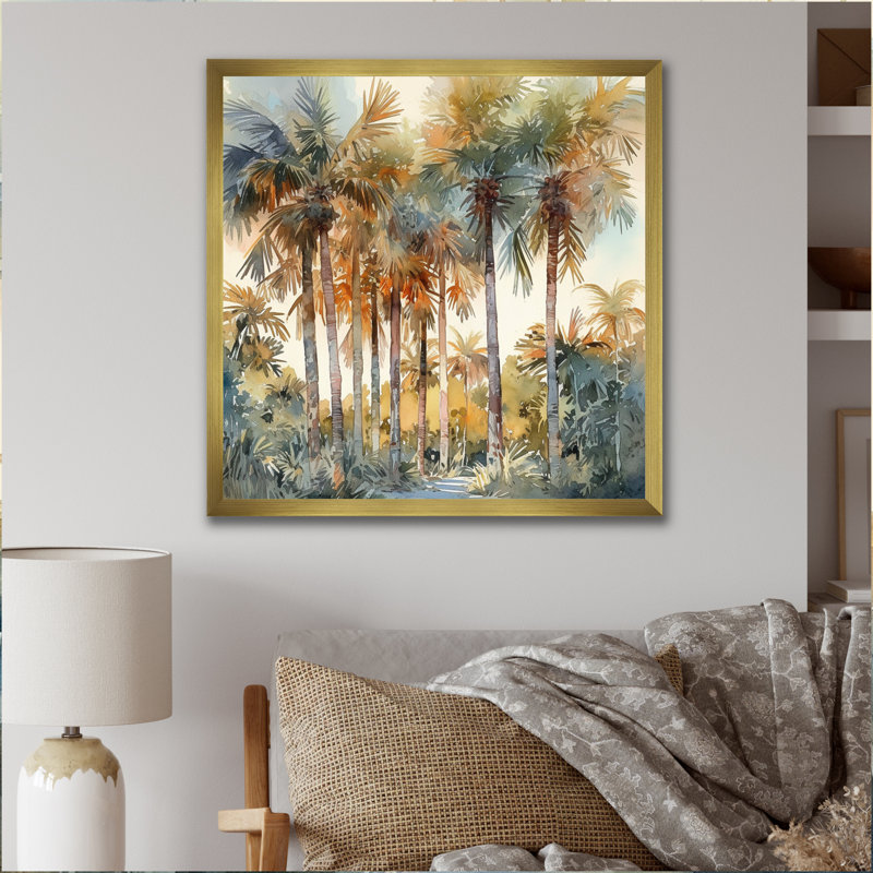 «Green Palm Tree Paradise III - Palm Trees», reproduction d'art sur toile, Cadre doré simple, H 24 po x l 24 po x P 1 po