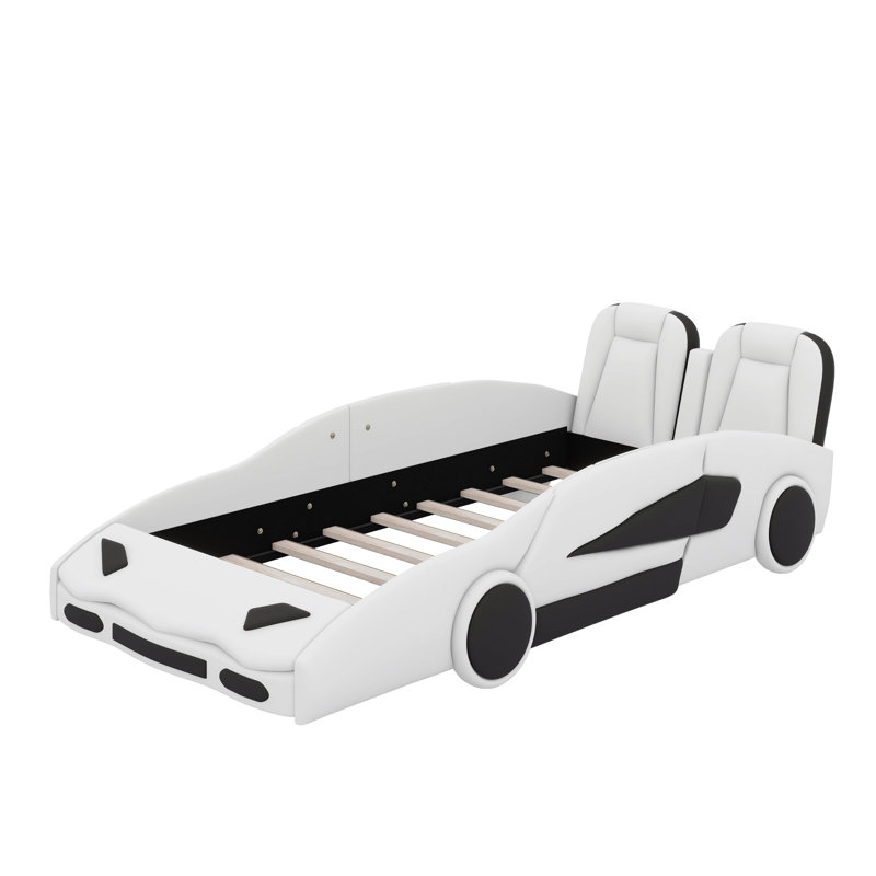 Twin Race Car-Shaped Platform Bed With Wheels, White