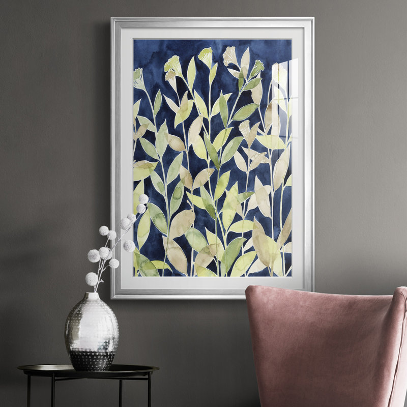 " Indigo Blooming Night I ", Silver Framed, 24.5" H x 18.5" W x 1" D