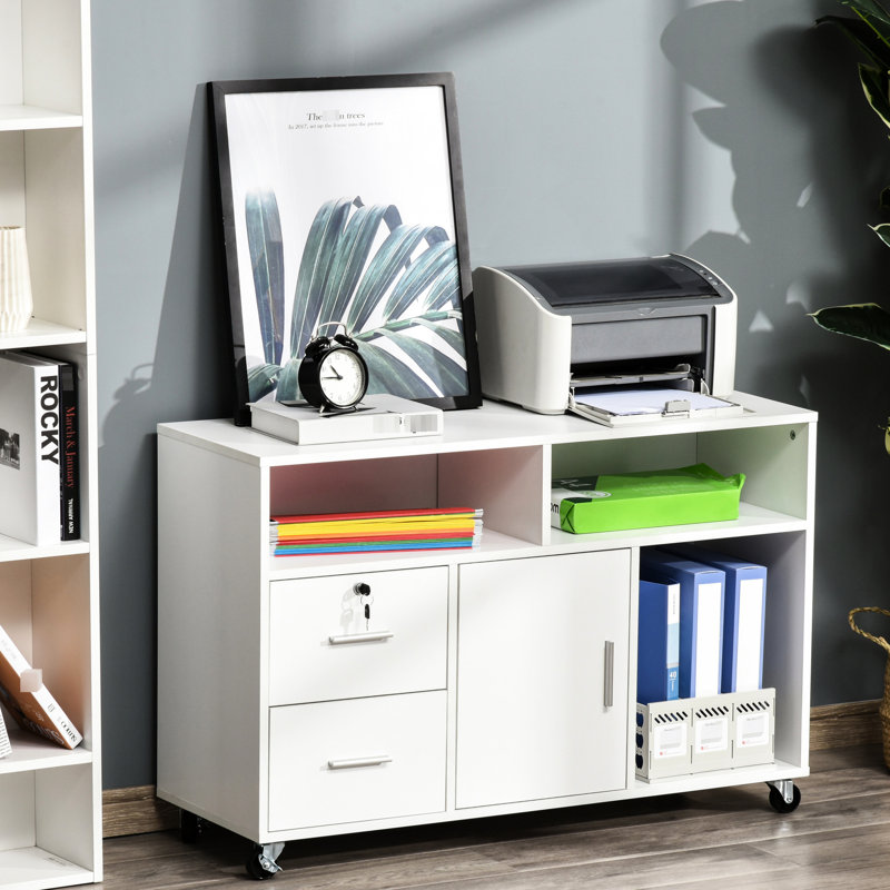Support d'imprimante de bureau - Armoire mobile blanche avec roulettes, 2 casiers verrouillables, un tiroir et 3 tablettes pour ranger les cahiers de notes