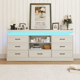 Juventina 70" 7 Drawer Dresser With Power Outlets, LED Lights, And 2 Open Storage Shelves