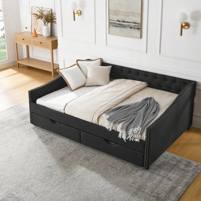 Upholstered Full Size Daybed with Drawers, Full/Double, Black