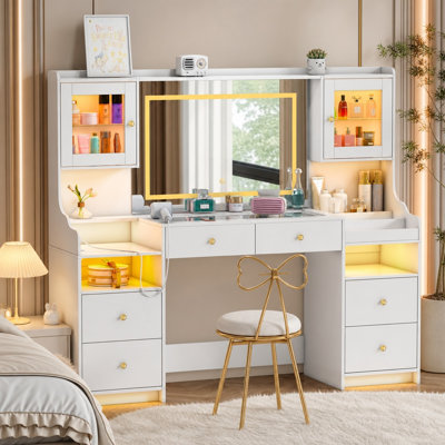 62" Makeup Vanity with Glass Top,with Mirror and LED Lights,3 Lighting Modes and Power Outlet