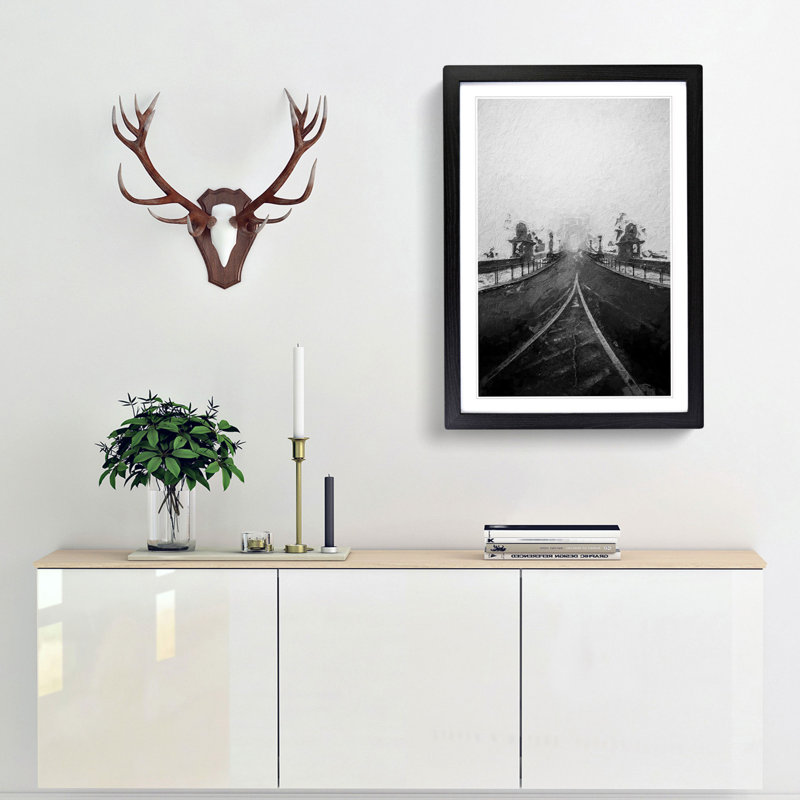 Szechenyi Chain Bridge in Budapest in Abstract - Picture Frame Painting Print, 36cm H x 27cm W x 2cm D, Black Framed