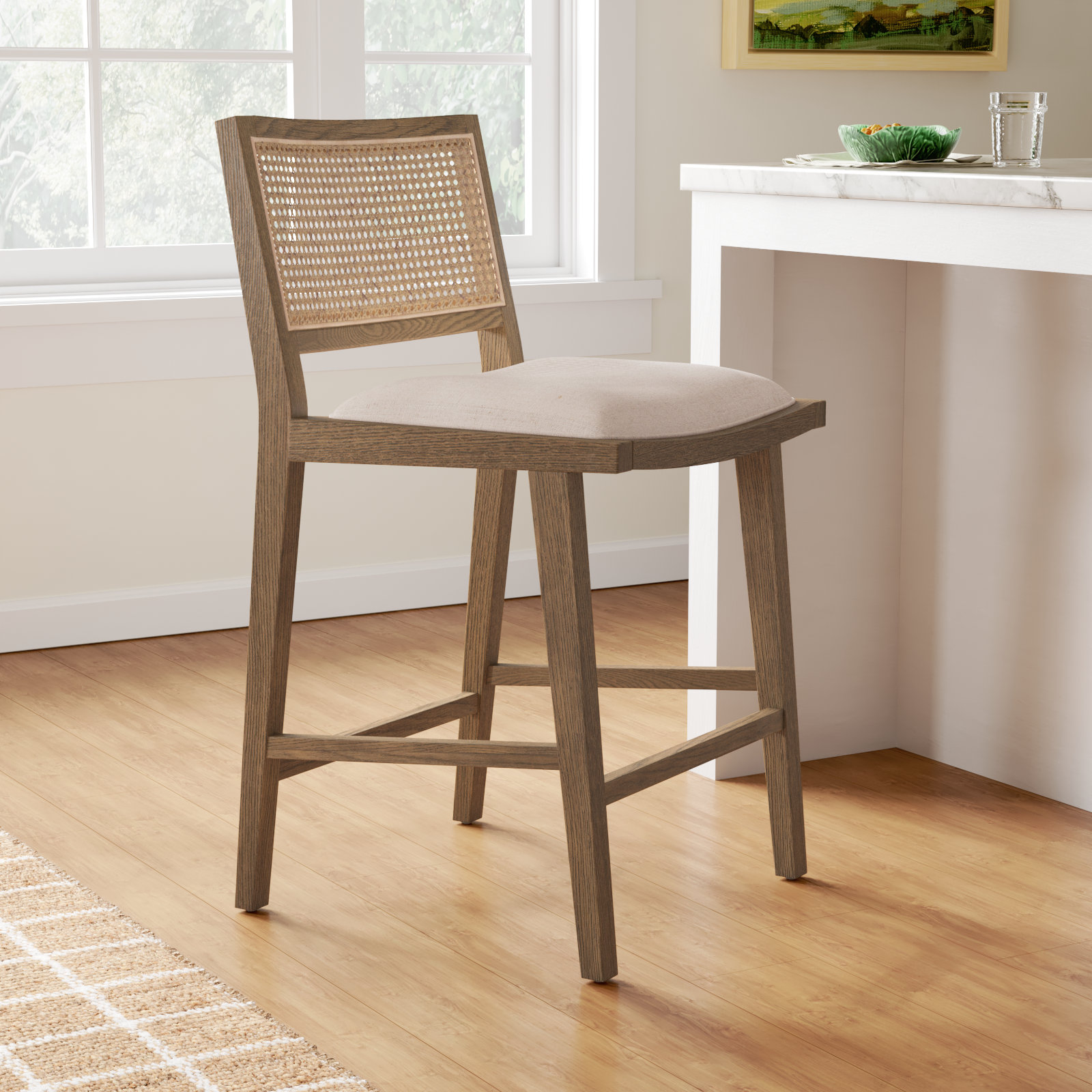 Miraz Cane Stool, Counter Stool (27” Seat Height), White Polyester Blend