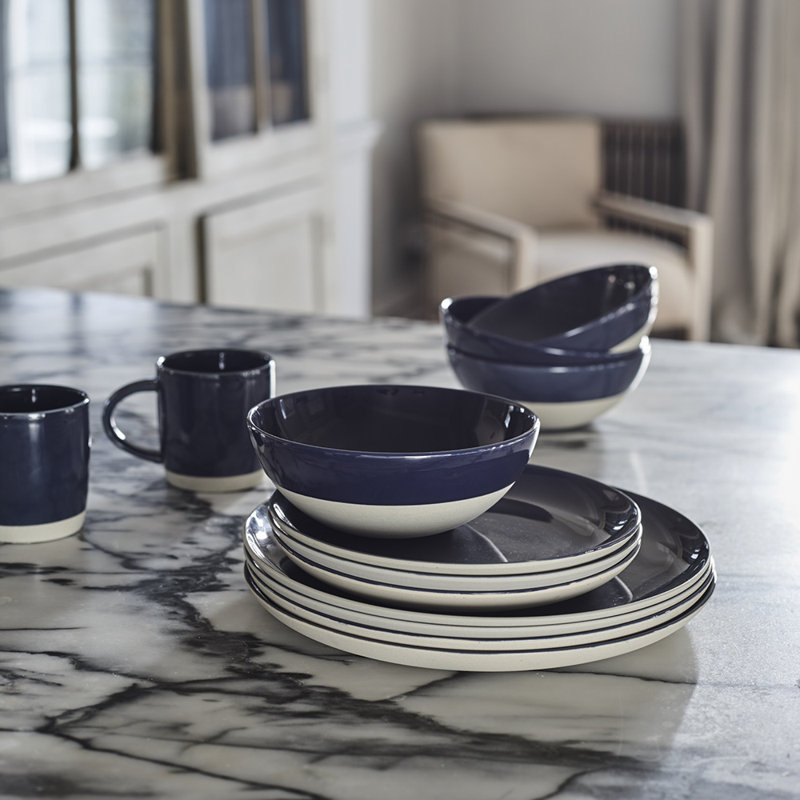 Service de vaisselle 16 pièces en porcelaine Bisque Canvas Home Shell, service pour 4, Indigo