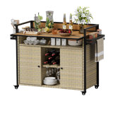 Outdoor Wicker Bar Cart with Storage & Extendable Top - Rolling Kitchen Island for Patio, Backyard, and Entertaining