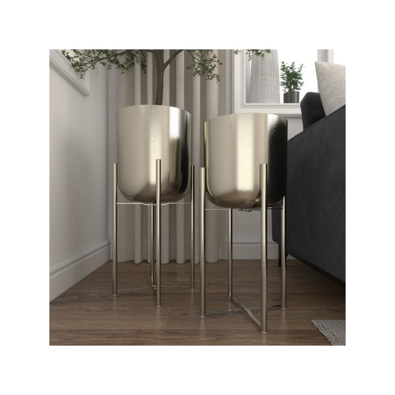 2 - Piece Metal Dome Indoor Outdoor Planter with Removable Stand Set, Silver